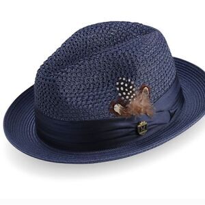 MONTIQUE MEN'S NAVY COLOR PINCH BRAIDED FEDORA WITH MATCHING SATIN RIBBON. H34